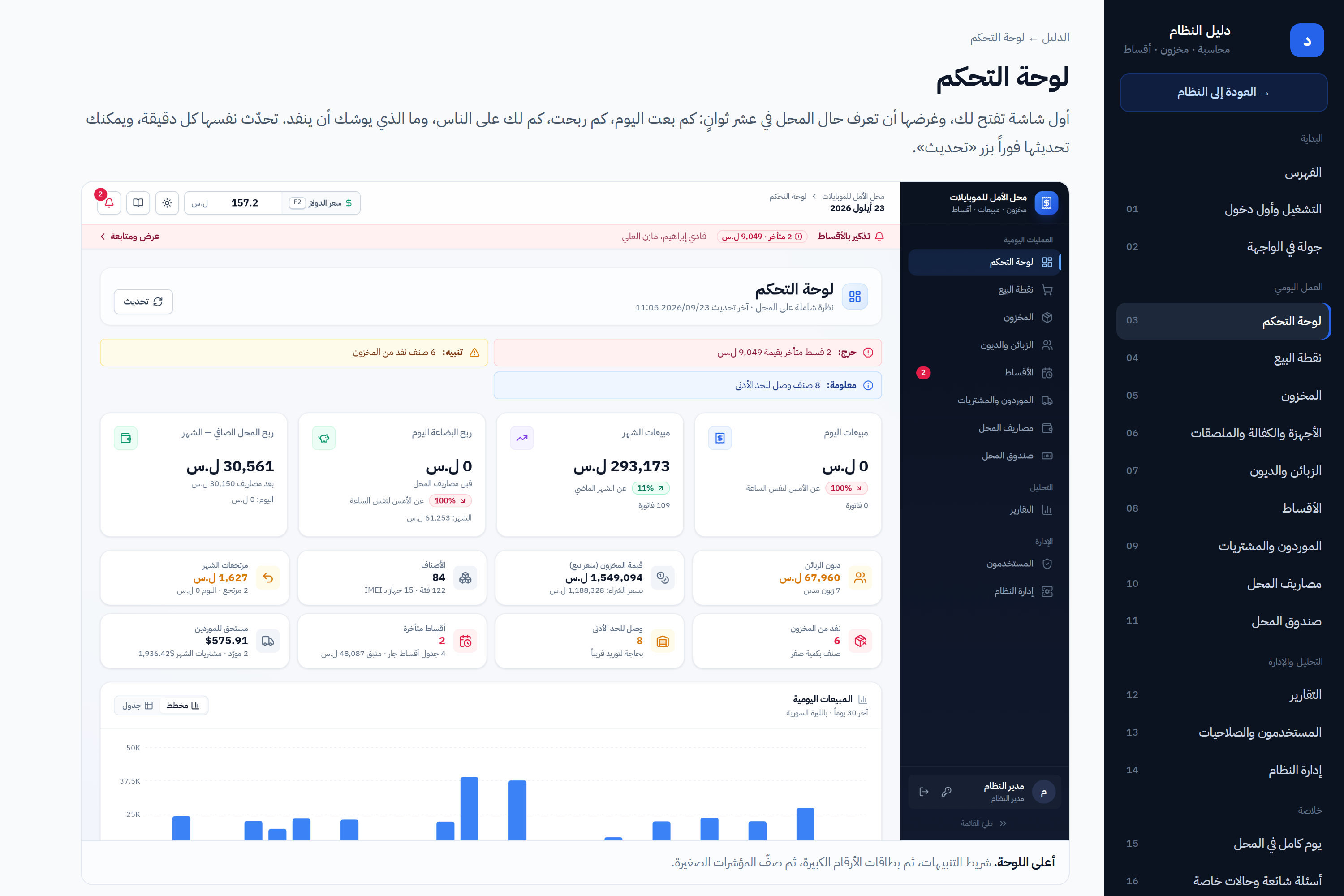 صفحة الدليل مفتوحة من داخل النظام مع رابط العودة