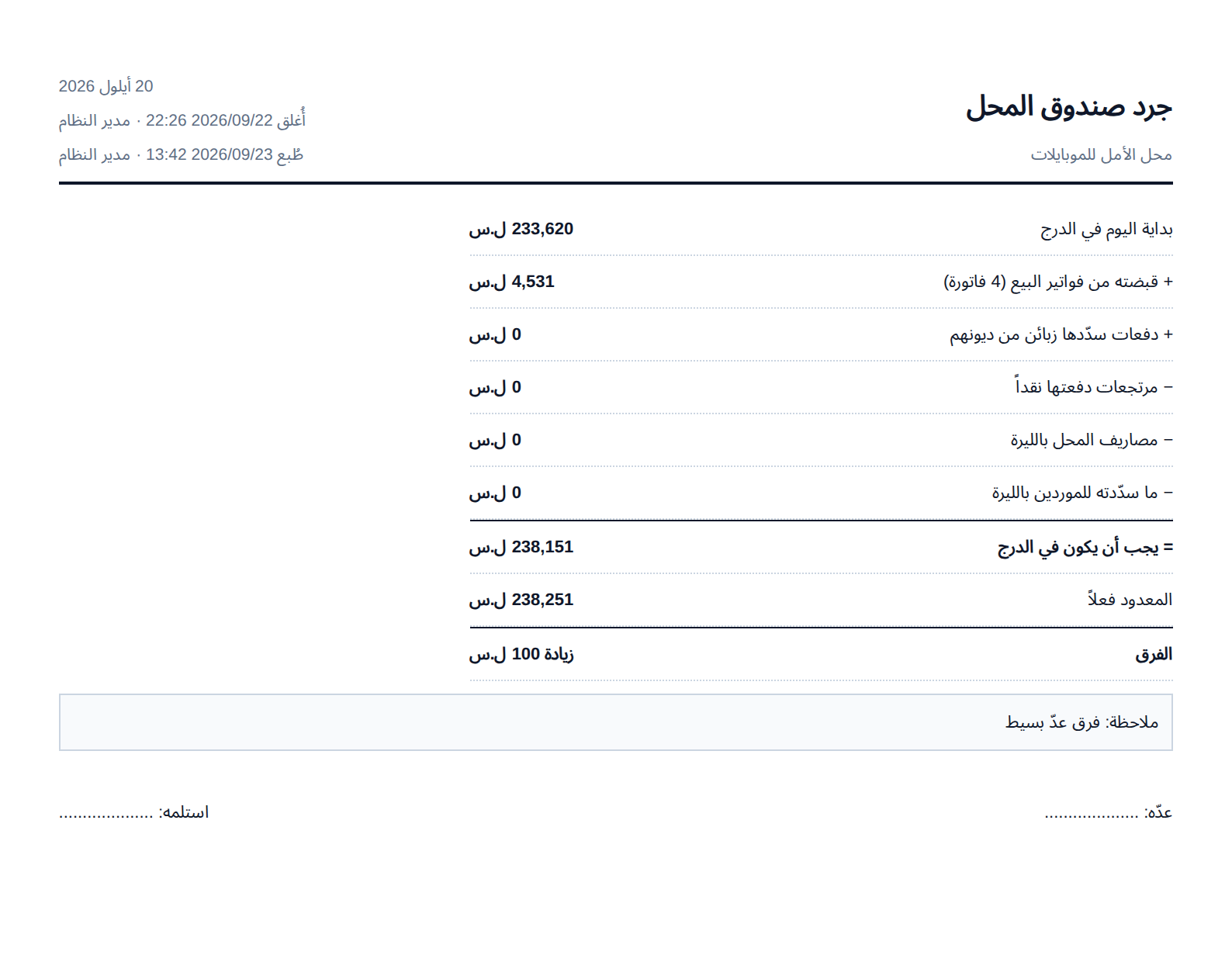 ورقة جرد صندوق يوم مغلق