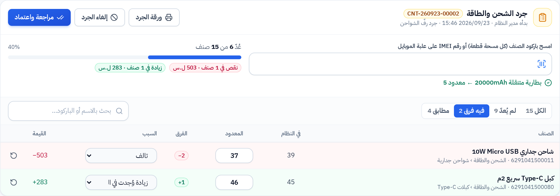 أصناف الجرد التي فيها فرق مع أسبابها