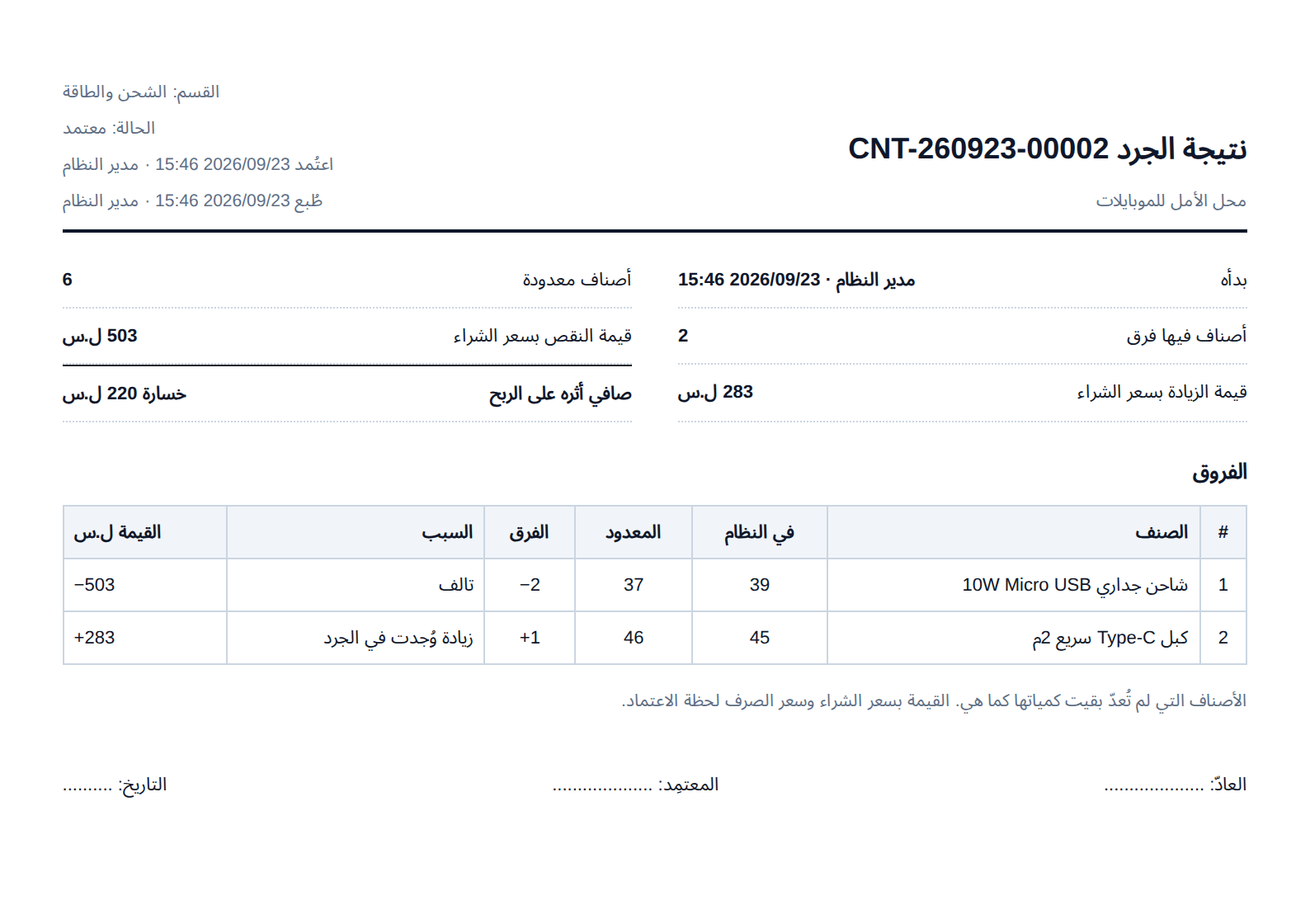 نتيجة الجرد مطبوعة على A4